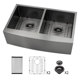 Gunmetal Black Double Bowl (50/50) Farmhouse Sink- 33"x21"x10"Stainless Steel Apron Front Kitchen Sink 16 Gauge with Two 10" Deep Basin